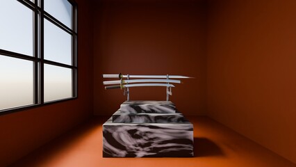 modern living room , katana sword , 3d render