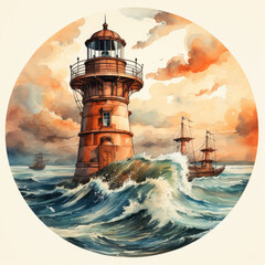 Watercolor Steering Ship Wheel with Lighthouse Clipart illustration Generative Ai
