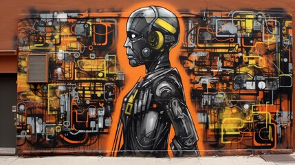 Illustration of urban street art painting on wall graffiti , robot and city - obrazy, fototapety, plakaty