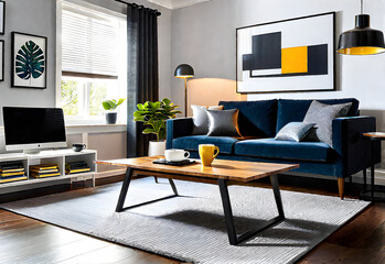 table,office,Home and comfortable with sofa, laptop, and coffee mug in a living room