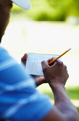 Sports, golf and person with scorecard on course with sheet for playing game, practice and...