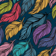 Seamless background with beautiful feathers of a bird. Repeating texture. Fabric design, background, wallpaper. Boho Style