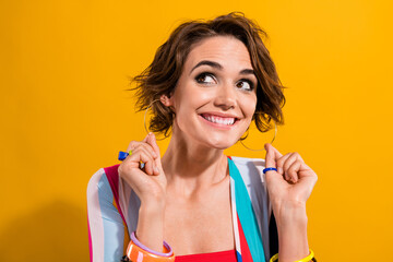 Portrait of charming coquette girl young age touching expensive golden earrings posing nostalgia...