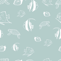 Seamless vector pattern with fish, sea animals and shells