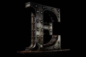letter e, industrial style, on black background