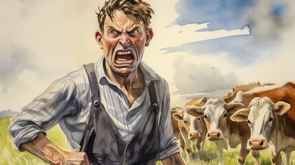 Illustration of angry dutch farmer with cows in the background - obrazy, fototapety, plakaty