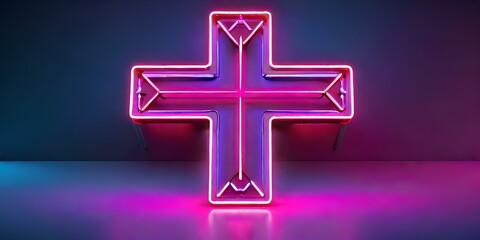 Obraz premium vibrant colors and design of Cross for Worshipping, Glowing neon line Christian cross icon isolated on blue background. Church cross