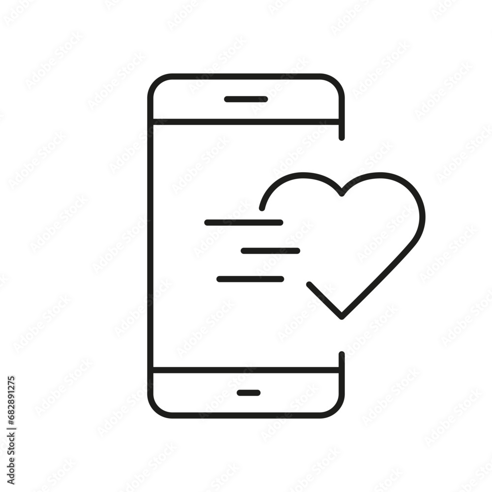 Poster like button in social media app line icon. smartphone with heart shape linear pictogram. notificatio