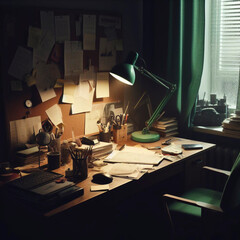 Low light desk table and panel with papers and documents