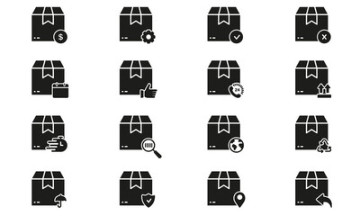Carton Box Silhouette Icon Set. Cardboard Package For Shipping Glyph Pictogram. Postal Shipment, Delivery Service Symbol Collection. Cargo Transportation Solid Sign. Isolated Vector Illustration