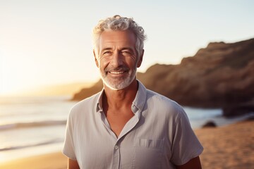Attractive Mature Man with Gray Hair Enjoying Beach Sunset”