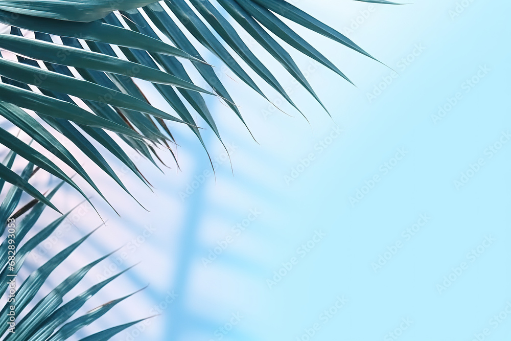 Poster blurred shadow from palm leaves on the light blue wall. minimal abstract background for product pres