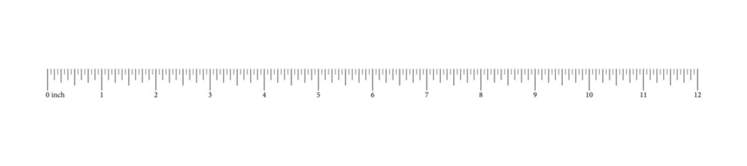 Ruler 12 inches, foot. Math, geometric tool for distance. Height, length measurement scale with markup and numbers. Measuring horizontal chart. Vector template.