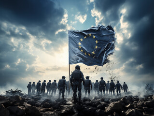 Flag of the European Union with soldiers, symbolic image for a joint and combat-ready army in the European Union, Ai generated - obrazy, fototapety, plakaty