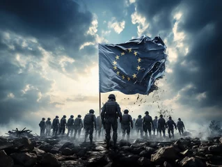 Fotobehang Flag of the European Union with soldiers, symbolic image for a joint and combat-ready army in the European Union, Ai generated © David Brown