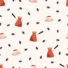 Seamless coffee concept pattern. Vector illustration background of coffee beans, turk cup.