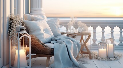 Cosy armchair on balcony ,winter home decor, calm and relax coastal living mockup arrangement, Generative ai - obrazy, fototapety, plakaty