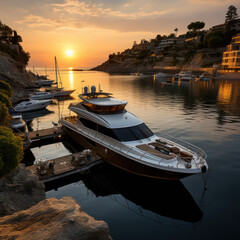Cliffside marina with yachts and a dramatic sunset.
