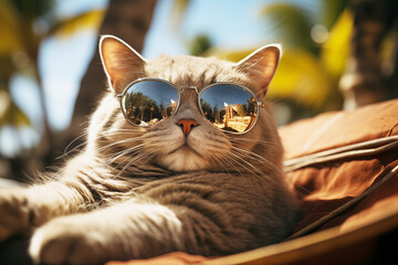 Fat purebred gray British cat in sunglasses on the beach