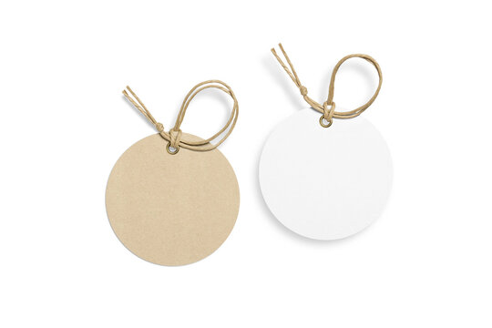 Set of two blank paper hang tags, price tags or cloth labels with string isolated on a transparent background, PNG. High resolution.