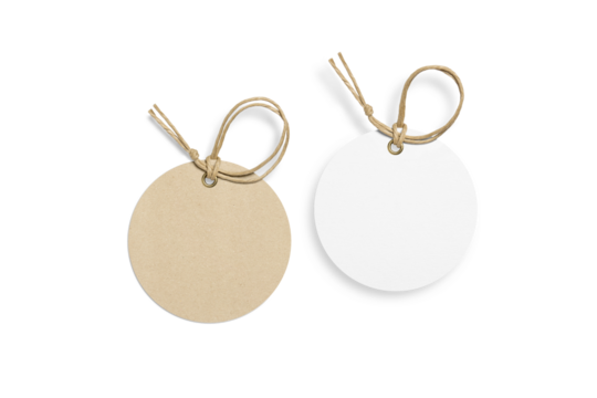 Set of two blank paper hang tags, price tags or cloth labels with string isolated on a transparent background, PNG. High resolution.