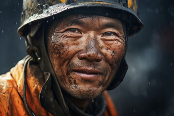 Fototapeta premium Generative ai technology portrait of mine worker wearing hardhat helmet standing in a mine