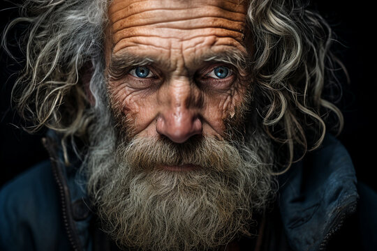 Close up photography of elderly homeless man with disheveled appearance beard dirty clothes seeking aid on street generative ai