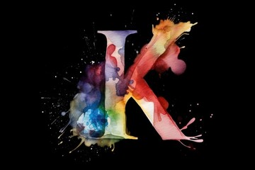 letter k, watercolor style, on black background