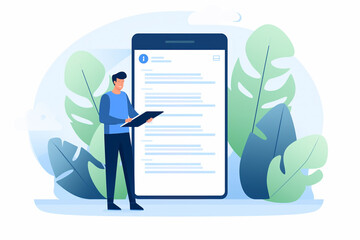 Flat vector graphic illustration of a male customer uses a tablet to fill out a feedback standing in front of a big smartphone and plants. Generative AI.