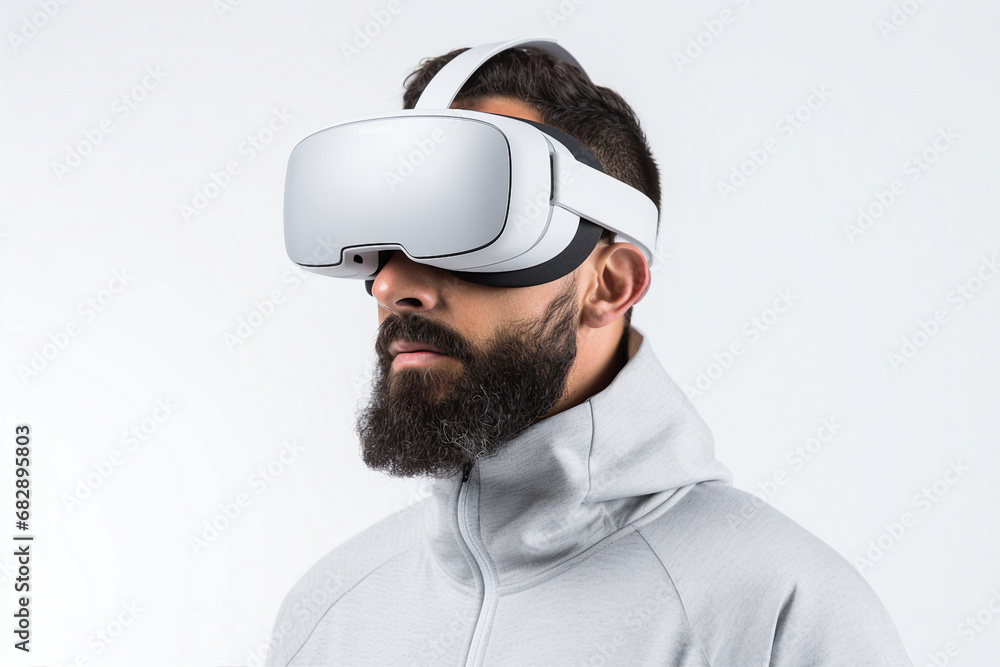 Aufkleber generative ai person using virtual reality goggles 3d augmented experience exited digital world head