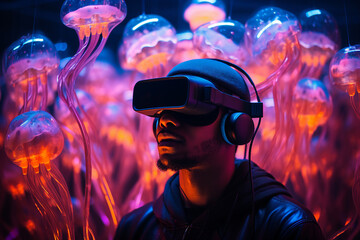 Generative Ai person using Virtual reality goggles 3d augmented experience exited digital world headset