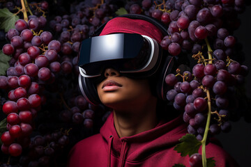 Generative Ai person using Virtual reality goggles 3d augmented experience exited digital world headset