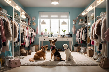 Dressing room where cats and dogs awaiting for make-up for a fashion parade event on the pet's day. - obrazy, fototapety, plakaty