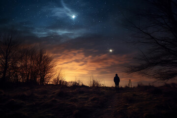 One person and a beautiful night landscape