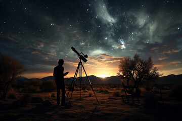 Astronomer with telescope at night
