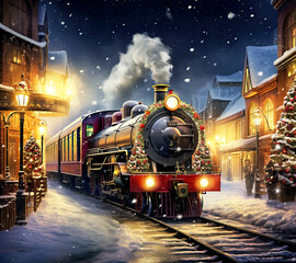 Train Engine in Winter Landscape during Christmas Celebration - obrazy, fototapety, plakaty