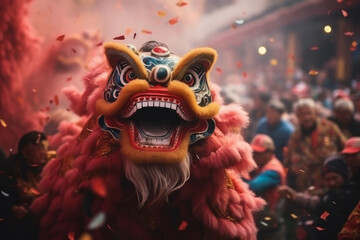A chinese lunar new year lion dance celebration with smoke. Asian traditional performance - obrazy, fototapety, plakaty