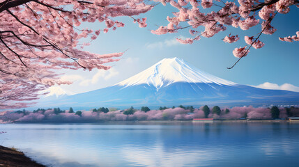 The iconic Mount Fuji standing tall against a backdrop of cherry blossoms in full bloom, a symbol of Japan's natural beauty. Ai Generated.NO.02