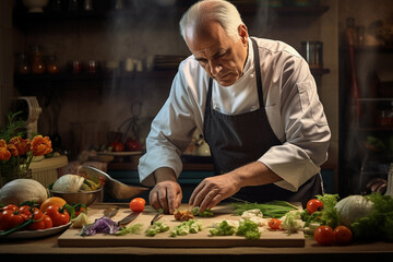An experienced chef prepares food in restaurant.
