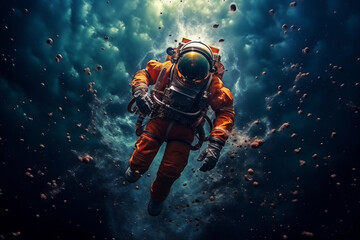 Cosmonaut in orange space suit in space - Powered by Adobe