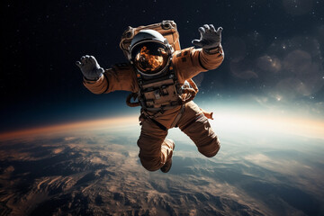 Cosmonaut in orange space suit in space
