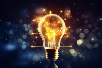 Close up of a light bulb, digital marketing creative new idea and innovation concept, isolated on a blurred background and glare light. Generative AI.