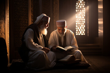 two elder men in traditional attire reading a book in a room with sunlight casting patterns through ornate windows