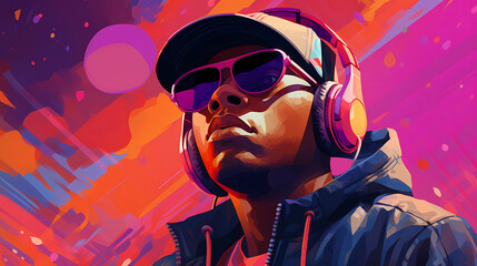vibrant abstract portrait of a man with headphones and sunglasses against a colorful backdrop