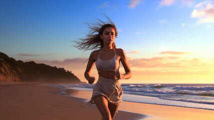 athletic woman running on the beach at sunset embodying a healthy lifestyle