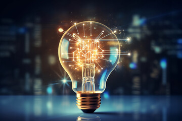 Close up of a light bulb, digital marketing creative new idea and innovation concept, isolated on a blurred background and glare light. Generative AI. - obrazy, fototapety, plakaty