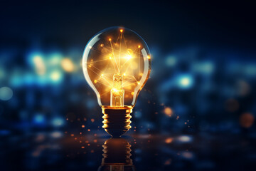 Close up of a light bulb, digital marketing creative new idea and innovation concept, isolated on a blurred background and glare light. Generative AI.