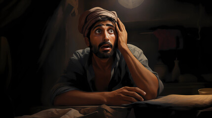 indian man in traditional turban expressing confusion at night - obrazy, fototapety, plakaty