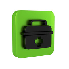Black First aid kit icon isolated on transparent background. Medical box with cross. Medical equipment for emergency. Healthcare concept. Green square button.