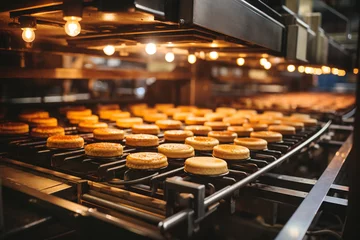 Zelfklevend Fotobehang Cookies on a conveyor belt, food factory operates a production line, processing sweets, bakery © Berit Kessler